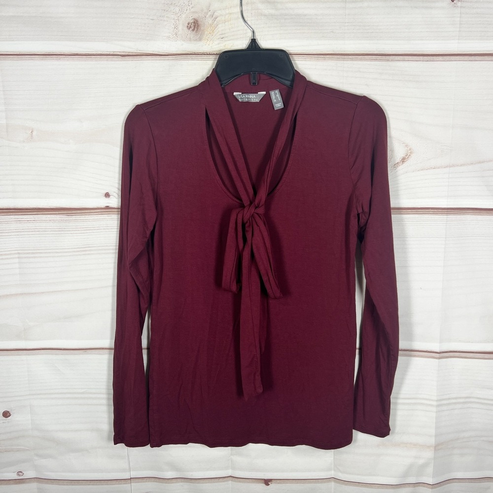 Lisa Rinna Top Women XS Burgundy Knit Blouse Tie Neck Long Sleeve Solid Pullover